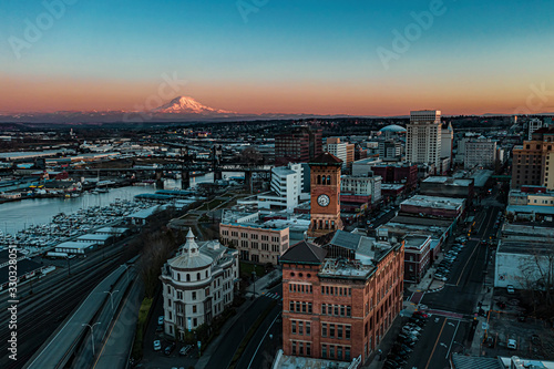 Sunset over Downtown Tacoma, WA with Mt.Rainier in sight photo