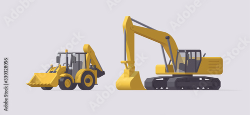 Vector backhoe loader & heavy shovel excavator. Isolated illustration	