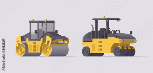 Vector road roller set. Isolated vibratory & pneumatic asphalt compactor. Illustration