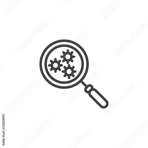 Coronavirus research line icon. linear style sign for mobile concept and web design. Magnifying glass virus outline vector icon. Symbol, logo illustration. Vector graphics