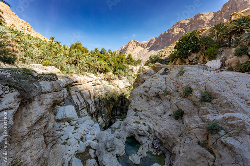 Wadi Tiwi real water spring and waterfall, Oman - Water spring, waterfall and eroded canyon surrounded by palm trees oasis in Oman.