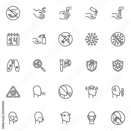 Coronavirus 2019-nCoV symptoms line icons set. linear style symbols collection, outline signs pack. vector graphics. Set includes icons as runny nose, fever, washing hands, virus, cough, headache