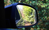 Specchietto retrovisore dell'auto - guidare in campagna in primavera