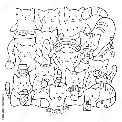 Doodle coloring page for children and adults. Cute kawaii vector cats with food and sweets. Black and white illustration. photo