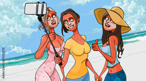 cartoon girls with not tanned traces of medical masks on their faces are photographed on the beach