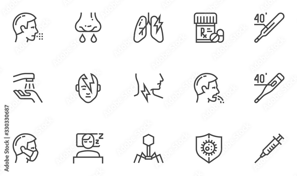 Vecteur Stock Symptoms of Colds, Flu, and Food Poisoning Vector Line
