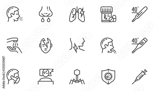 Symptoms of Colds, Flu, and Food Poisoning Vector Line Icons. Headache, Vomiting, Fever, Cough, Runny Nose. Treatment and Prevention of Viral Diseases. Editable Stroke. 48x48 Pixel Perfect.