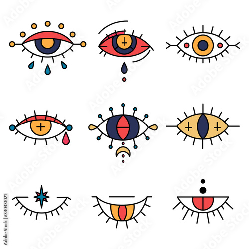 Evil eyes set in hand drawn style. Occult, magic and esoteric symbols, line art collection. Decorative kit about providence sight, sacred signs and karma. Mystic amulets, talismans for tattoo
