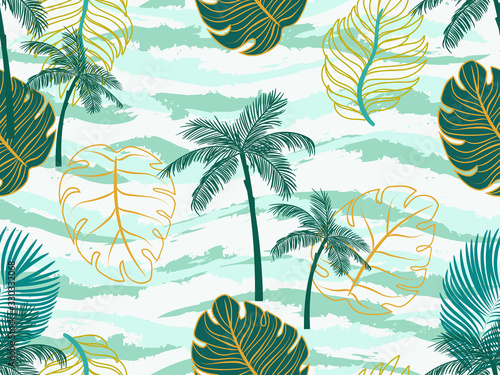 Vector seamless tropical pattern with palm tree and leaves on striped background. Vector  floral illustration for textile, print, wallpapers, wrapping.