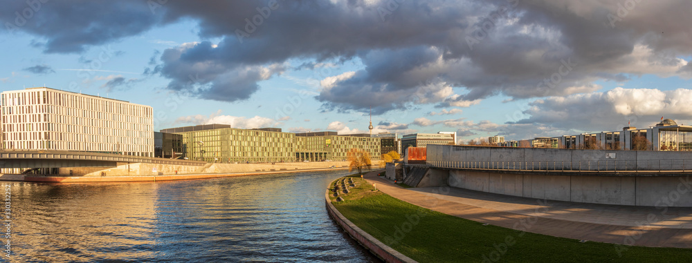 Panoramic view on spree river and Humboldthafen next to main station of Berlin, Germany, Europe