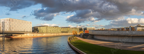 Photography Panoramic view on spree river and Humboldthafen next to main station of Berlin,