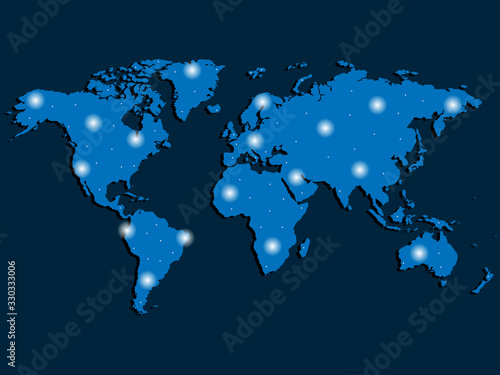 World map with spotlights on dark blue background