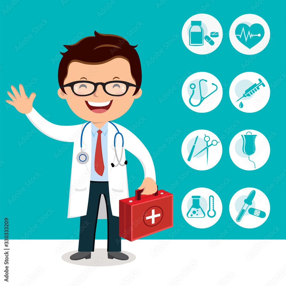 Doctor holding first aid box. Medical icon set. Doctor holding first aid box. Medical icon set.