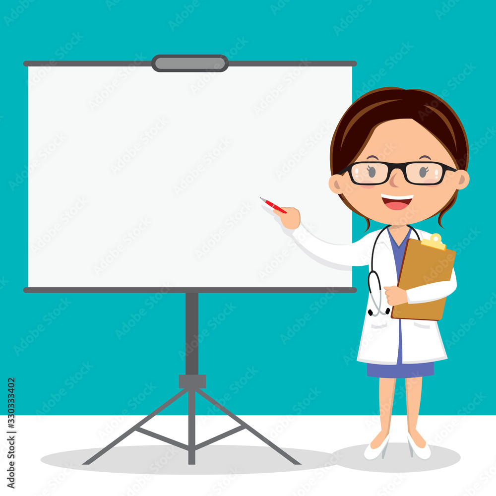 Female doctor on presentation. Doctor with clipboard giving medical presentation. Female doctor on presentation. Doctor with clipboard giving medical presentation.
