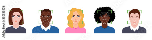 Facial recognition technology. Faces of people scanned on screen.