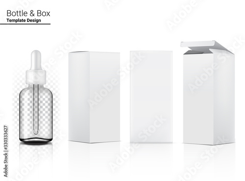 3D Transparent Dropper Bottle Mock up Realistic Cosmetic and Box for Skincare Product on White Background Illustration. Health Care and Medical Concept Design.