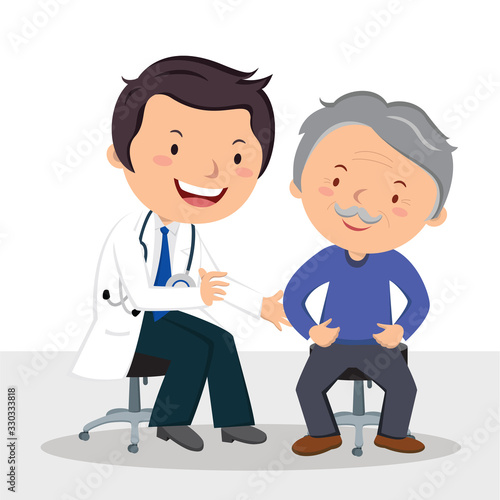 Male doctor examining patient. Vector illustration of a friendly male doctor examining senior man. © graphic-line