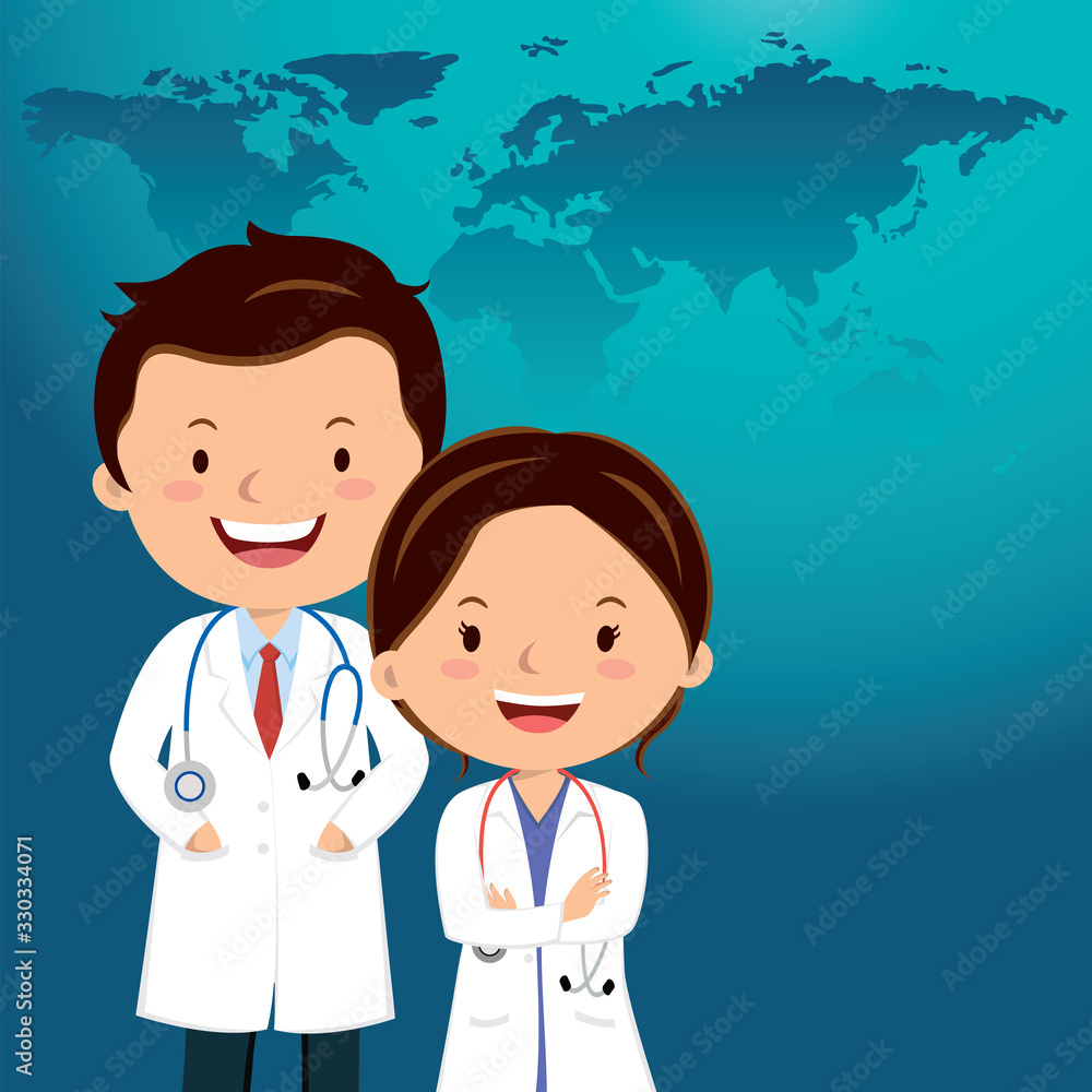 Medical career. Medical services. Medical staff with world map background. Medical career. Medical services. Medical staff with world map background.