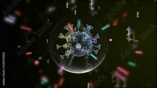 3d render of germ inside a transparent bubble attacked by laser particles over dark background with dollar icons floating around.
