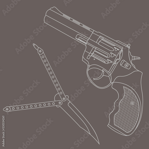 Contour revolver and butterfly knife on grey background