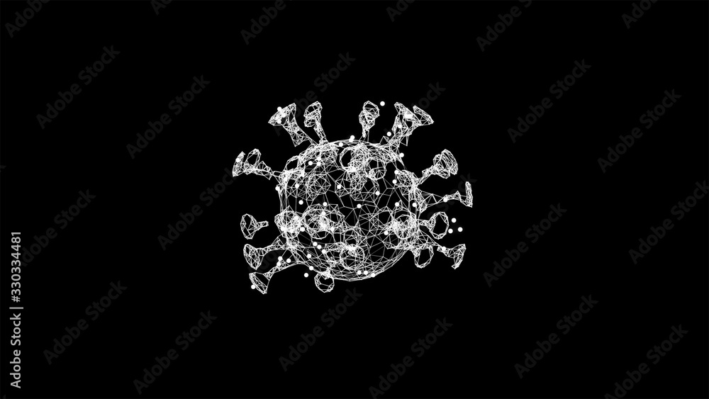 White translucent virus rotating on black background.
