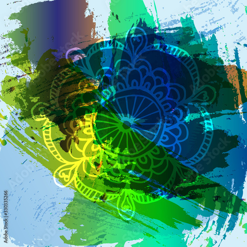 White bird silhouette on a watercolor green pink background.