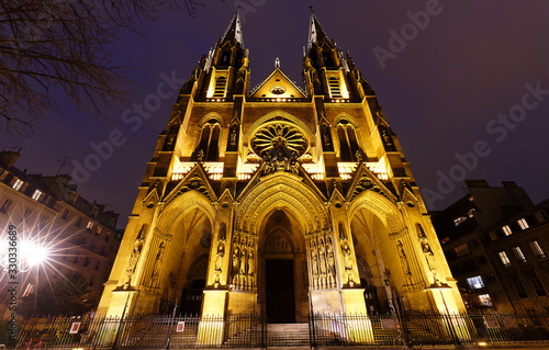 the Catholic Basilica of Saint Clotilde at night , Paris, France.