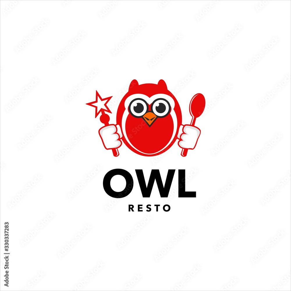 owl bird logo design with spoon, fork, magician stick, food restaurant concept illustration