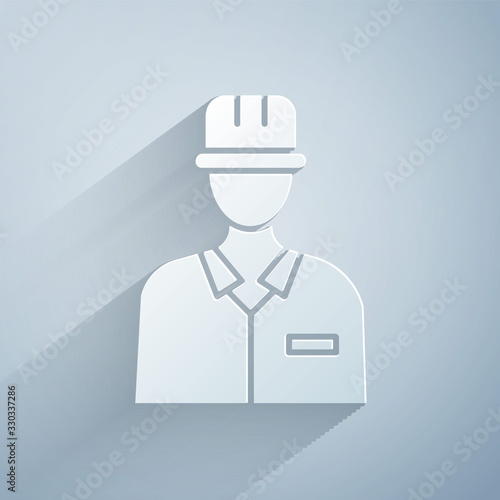Paper cut Oilman icon isolated on grey background. Paper art style. Vector Illustration
