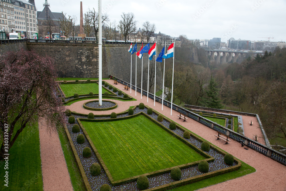 gardens and flags in centre of Luxembourg town in Europe