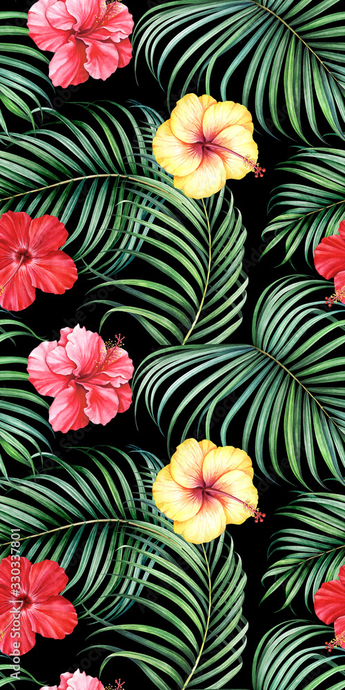 Seamless pattern with tropical branches and hibiscus flowers on black background. Watercolor illustration. Seamless pattern with tropical branches and hibiscus flowers on black background. Watercolor illustration.