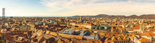 Panoramic view at Graz city with his famous buildings. Art museum, town hall.
