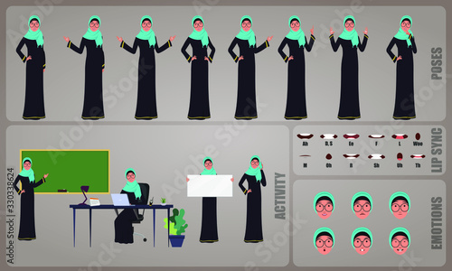 Arab Woman Teacher or Professor character Set. Collection of character body Poses, facial gestures, teaching activities and Lip syncs poses. Ready-to-use and animate, character set. Vector.