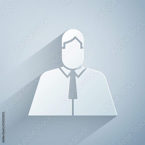 Paper cut Lawyer, attorney, jurist icon isolated on grey background. Jurisprudence, law or court icon. Paper art style. Vector Illustration