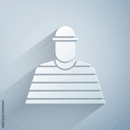 Paper cut Prisoner icon isolated on grey background. Paper art style. Vector Illustration