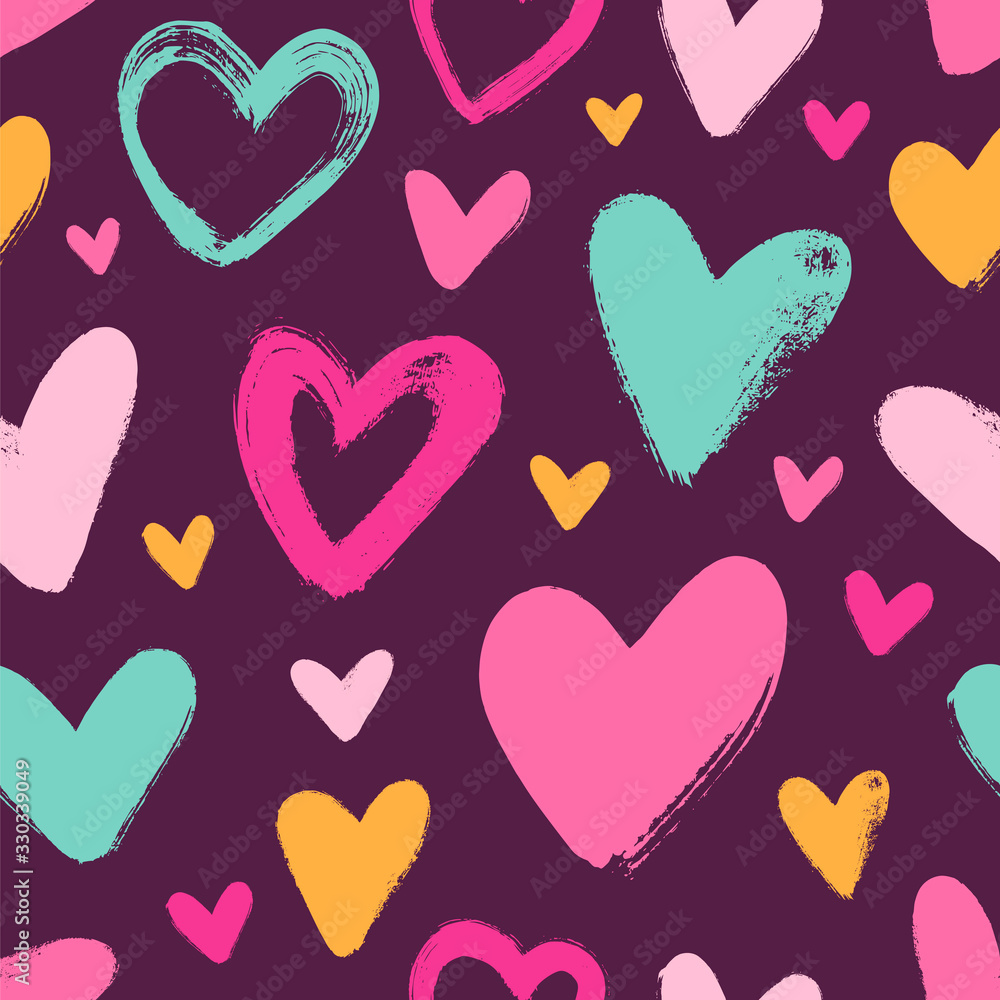 Seamless vector pattern with hand drawn bright hearts on a dark background.