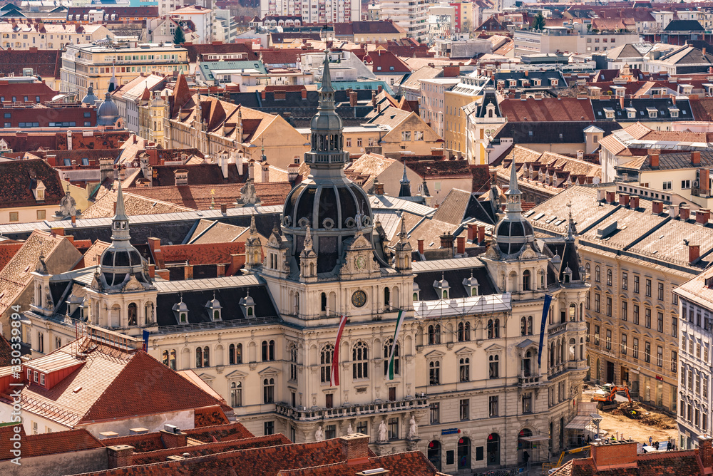 Cityscape of Graz with the Rathaus (town hall) and historic buildings, in Graz, Styria region, Austria.
