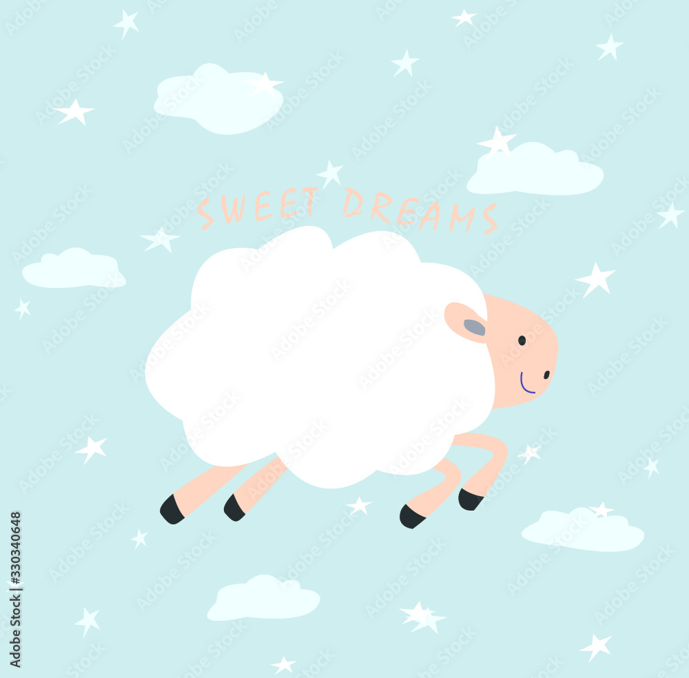 Cartoon sheep in in the sky vector illustration. Cartoon cute white sheep, stars, clouds. Graphic for Valentine`s Day cards. I love you to the moon and back