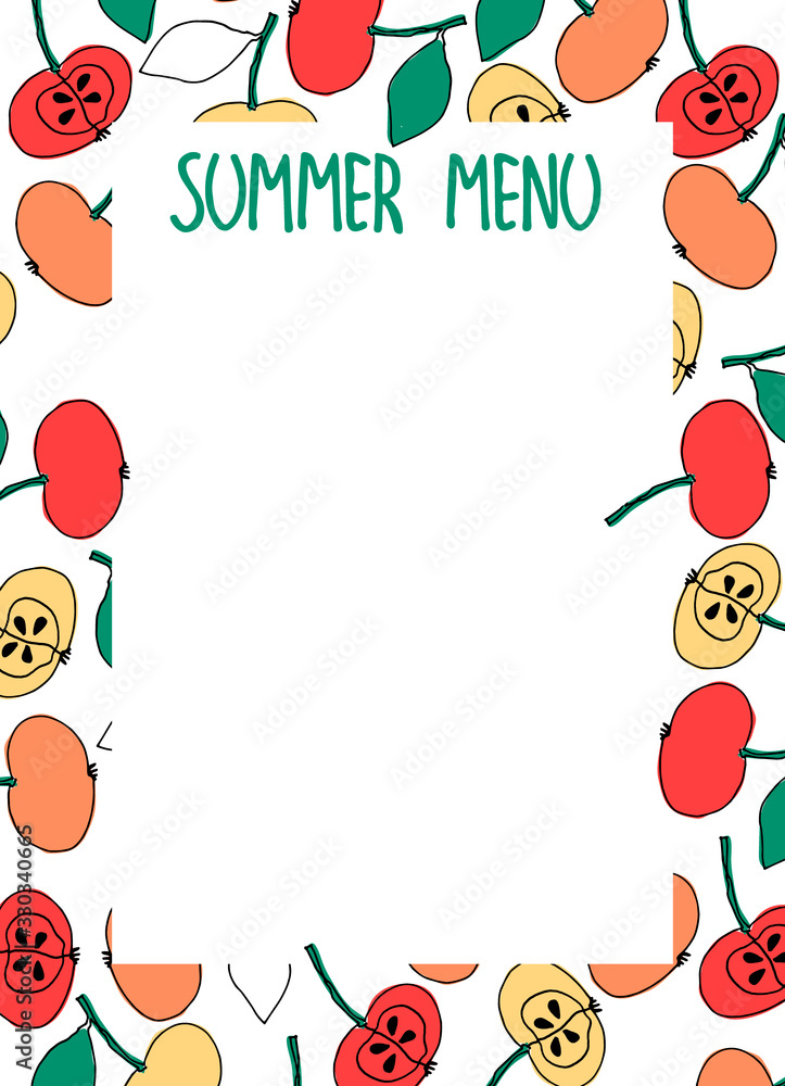 Summer Menu design template with place for your text. Hand-lettered title. Hand drawn frame decoration with apples. White background Summer Menu design template with place for your text. Hand-lettered title. Hand drawn frame decoration with apples. White background