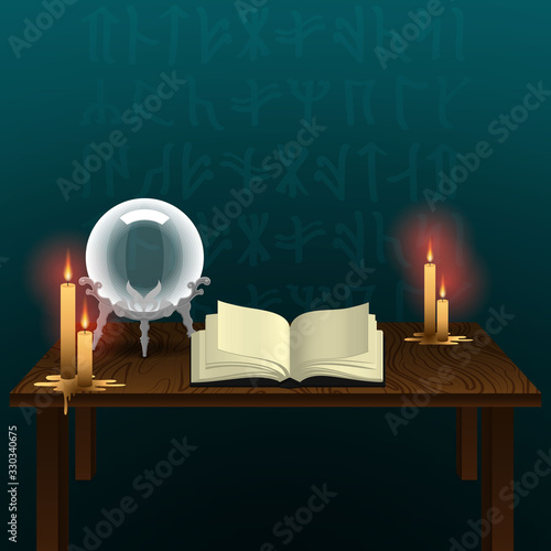 Witch or warlock wooden table, with spell book and magic