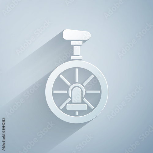 Paper cut Unicycle or one wheel bicycle icon isolated on grey background. Monowheel bicycle. Paper art style. Vector Illustration