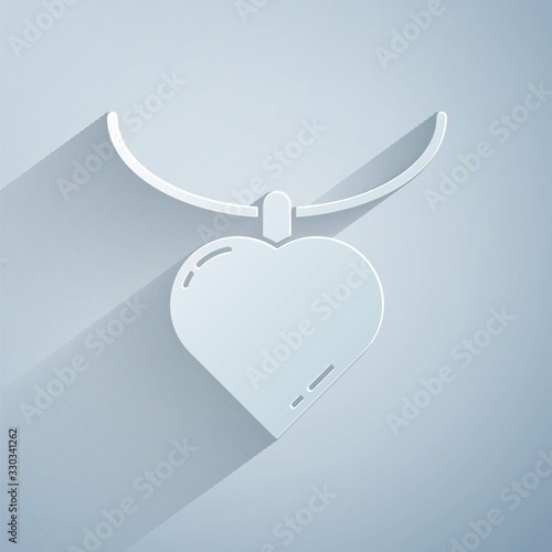 Paper cut Necklace with heart shaped pendant icon isolated on grey background. Jewellery decoration. International Happy Women Day. Paper art style. Vector Illustration