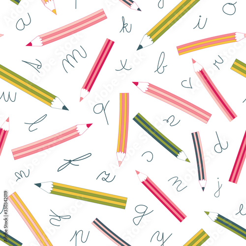 Vector pattern with colorful pencils and letters