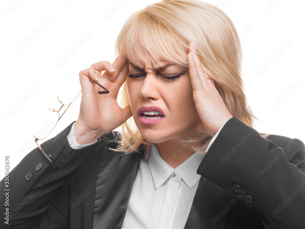 Woman having headache. Female close up portrait. Human emotions, facial expression concept. Woman having headache. Female close up portrait. Human emotions, facial expression concept.