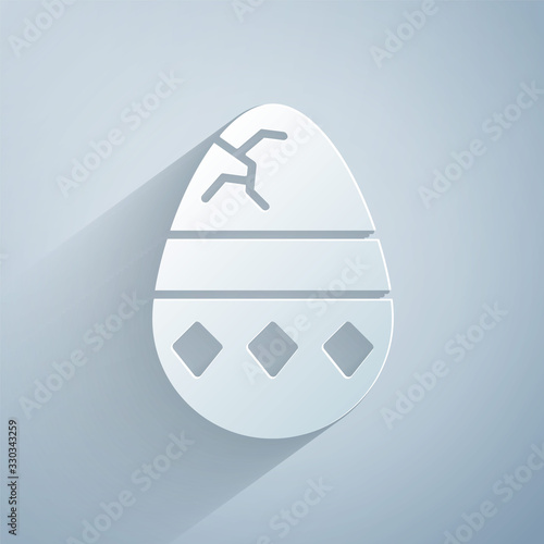 Paper cut Cracked egg icon isolated on grey background. Happy Easter. Paper art style. Vector Illustration