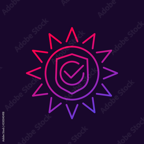 UV protection icon, sun and shield line vector