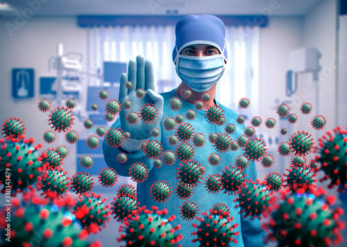 Hero doctor stop corona virus covid-19 with hand in hospital room- concept - 3D rendering 