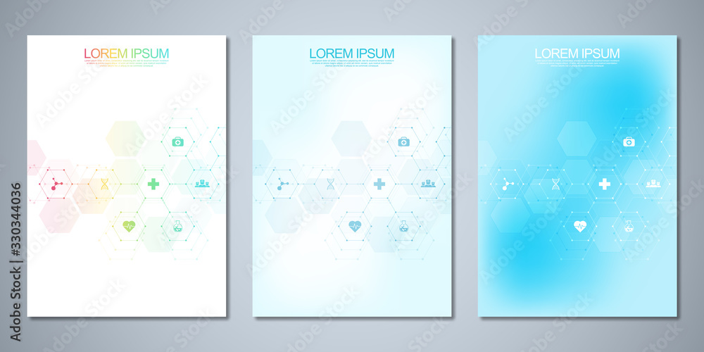 Template brochure or cover book, page layout, flyer design. Concept and idea for health care business, innovation medicine, pharmacy, technology. Medical background with flat icons and symbols.