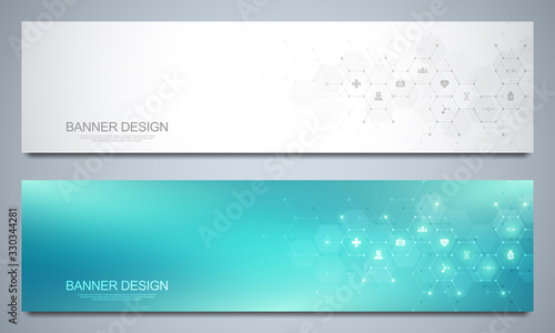 Banners design template for healthcare and medical decoration with flat icons and symbols. Science, medicine and innovation technology concept.