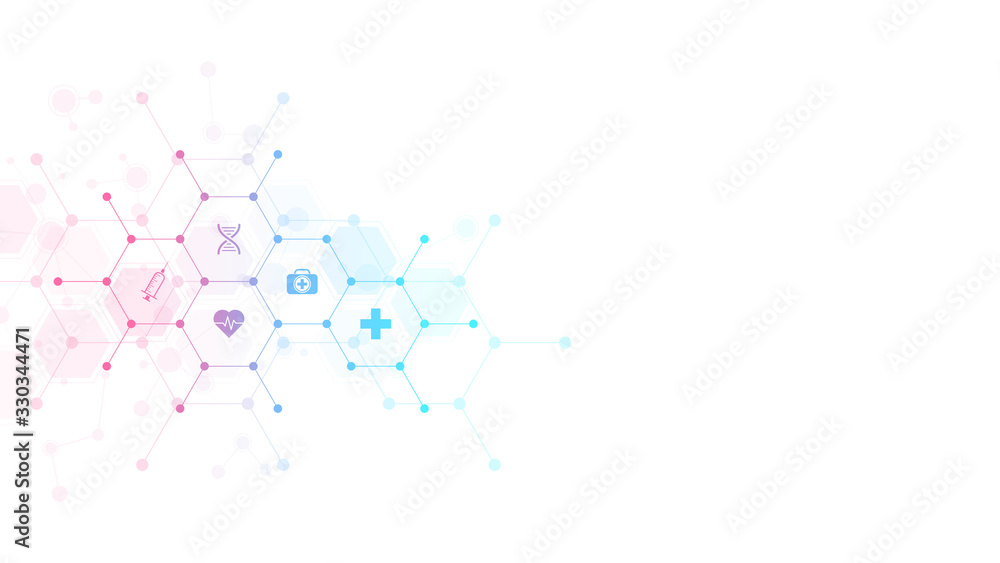 Naklejka premium Medical background with flat icons and symbols. Template design with concept and idea for healthcare technology, innovation medicine, health, science, and research.